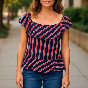 BANANA REPUBLIC Striped Peplum Top Navy Blue Pink Off the Shoulder Size Medium